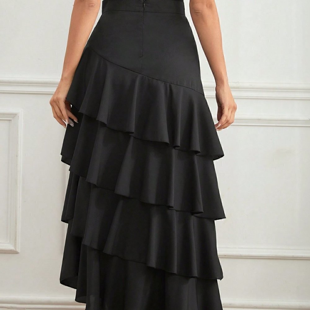 Black Preppy Women's Multi-Layer Ruffle Hem Midi Skirt